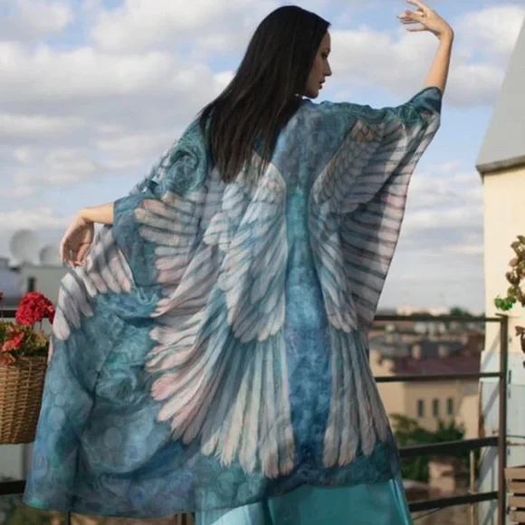 Bohemian Feather Wings Geo Print Kimono Beach Cover up - Picture 2 of 13